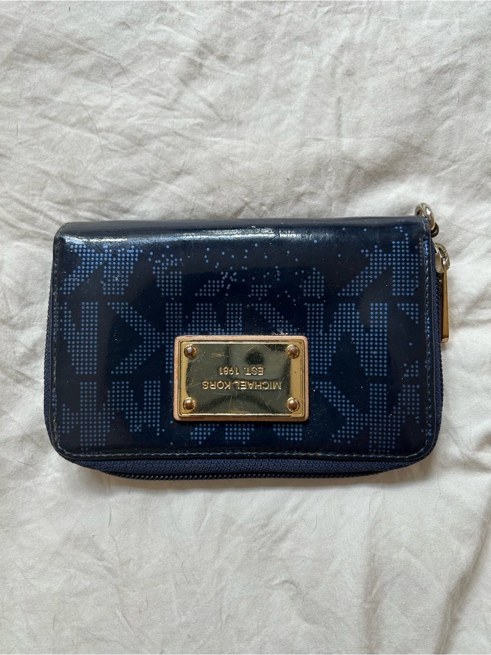 Michael Kors Patent Navy Logo Zip-Around Wallet with Gold Plate